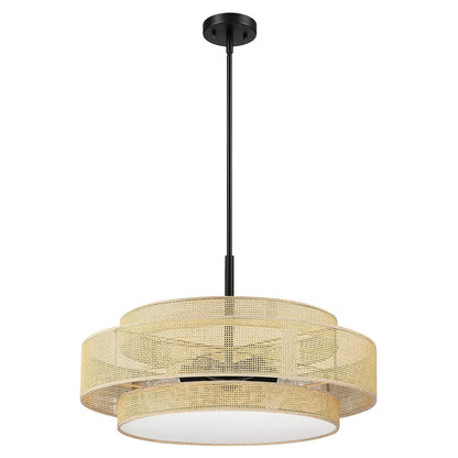 Luminaire à suspension à 5 lumières Bayou, style côtier, noir, avec abat-jour double en rotin - 61 cm de largeur