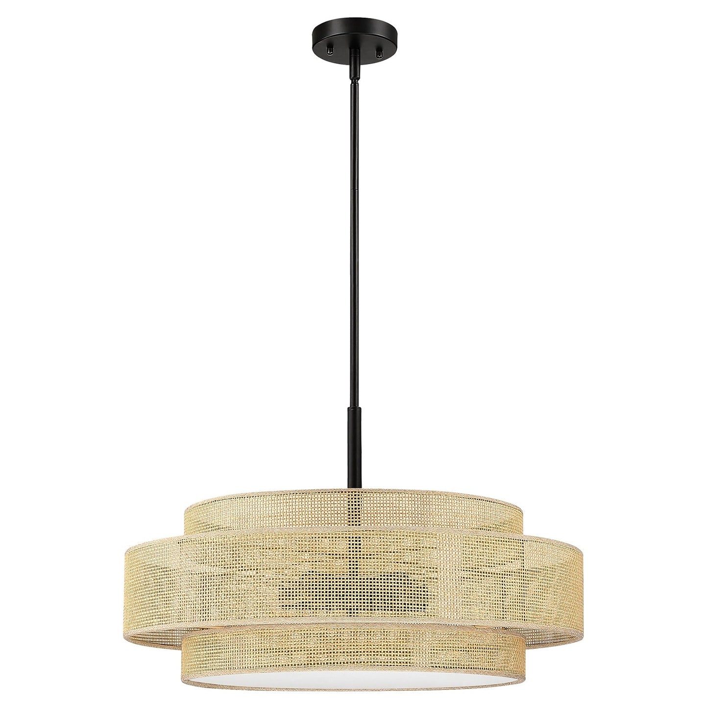Luminaire à suspension à 5 lumières Bayou, style côtier, noir, avec abat-jour double en rotin - 61 cm de largeur