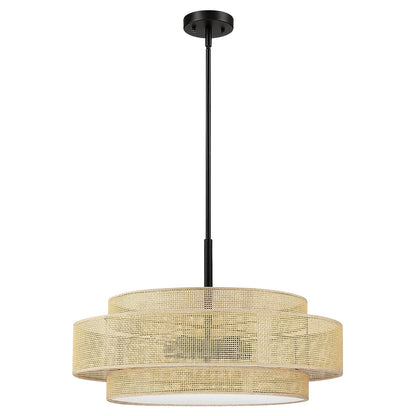Luminaire à suspension à 5 lumières Bayou, style côtier, noir, avec abat-jour double en rotin - 61 cm de largeur