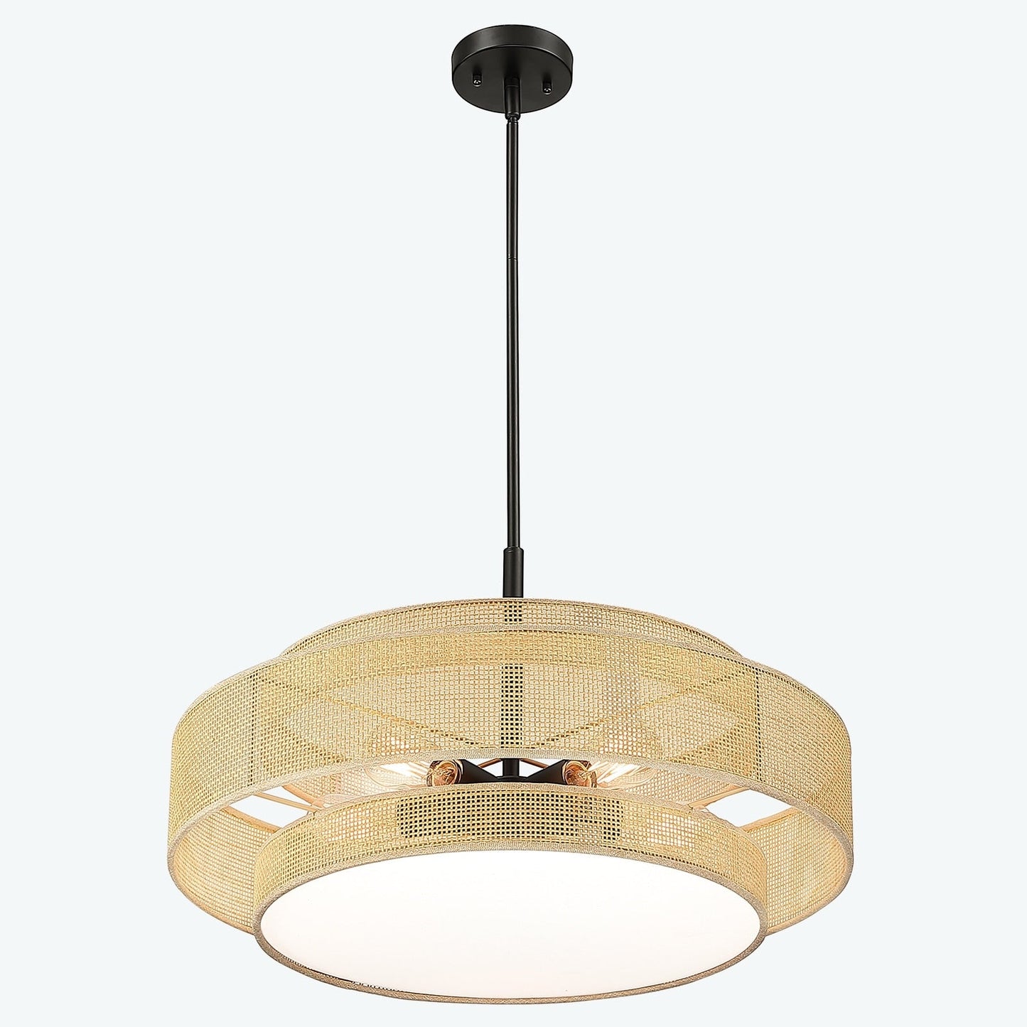 Luminaire à suspension à 5 lumières Bayou, style côtier, noir, avec abat-jour double en rotin - 61 cm de largeur