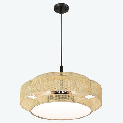 Luminaire à suspension à 5 lumières Bayou, style côtier, noir, avec abat-jour double en rotin - 61 cm de largeur