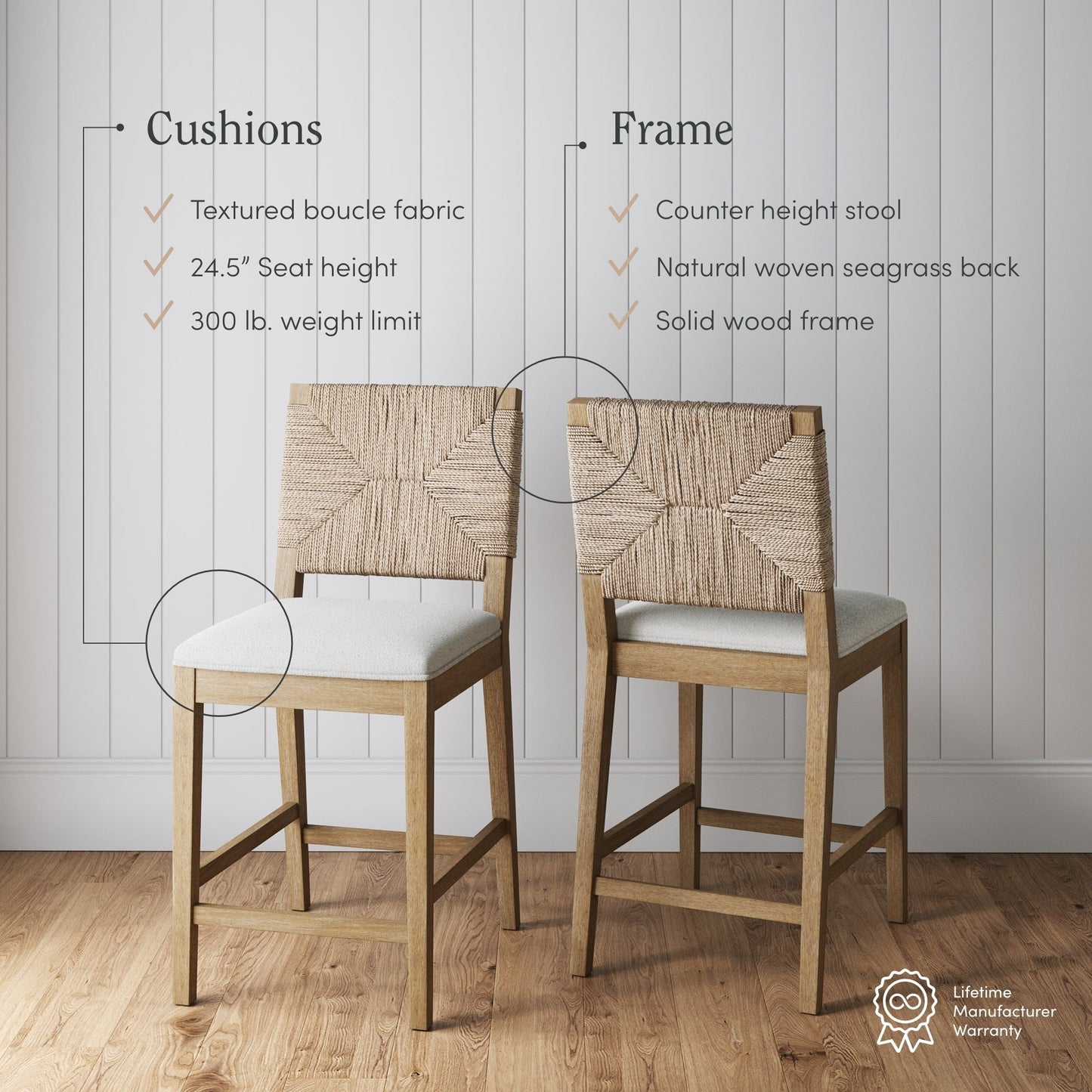 Tabouret de bar Beacon Bohemian Boucle, chaise de comptoir rembourrée avec cadre en bois massif et dossier en jonc tressé.