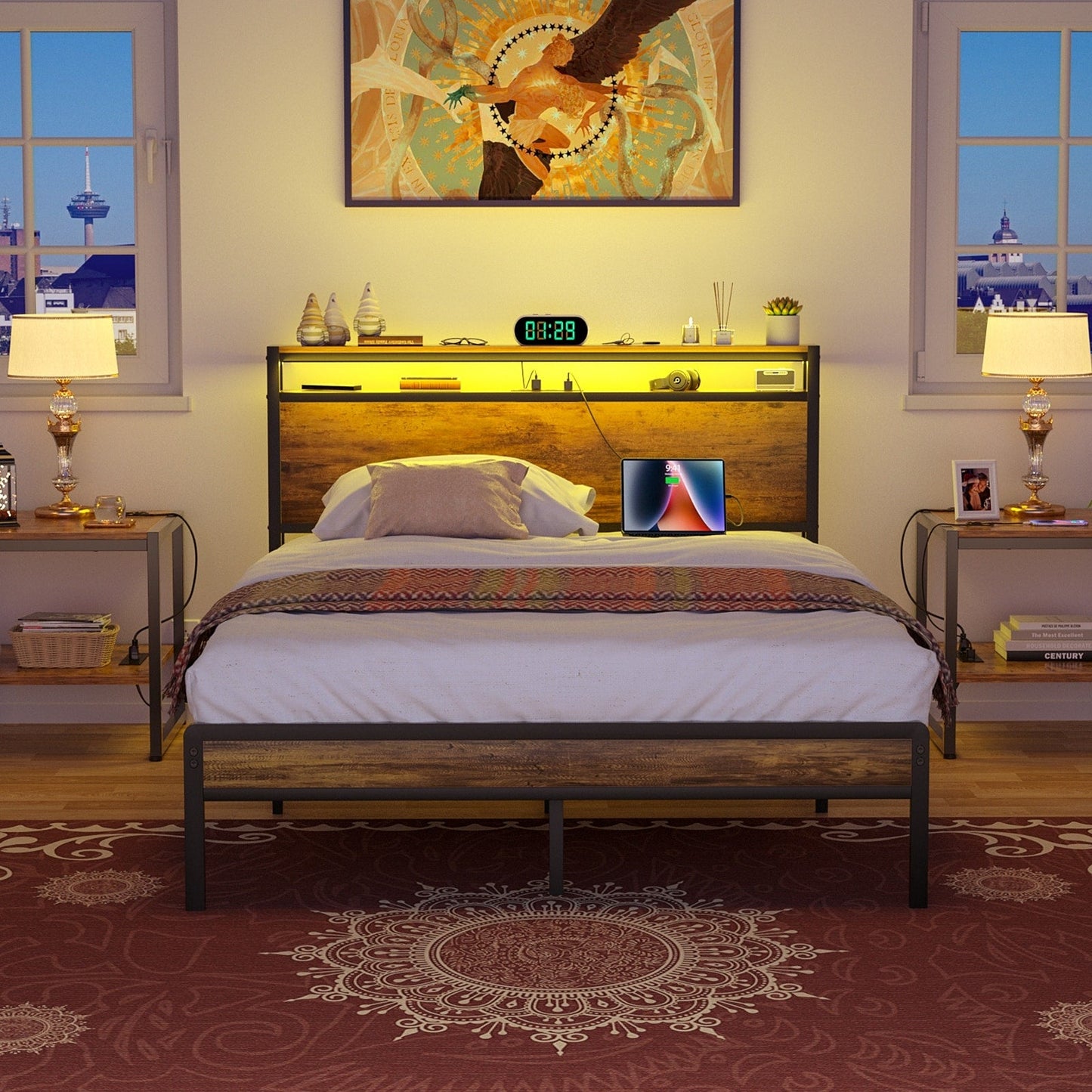 Cadre de lit à plateforme en bois de style farmhouse avec station de recharge et lumières LED