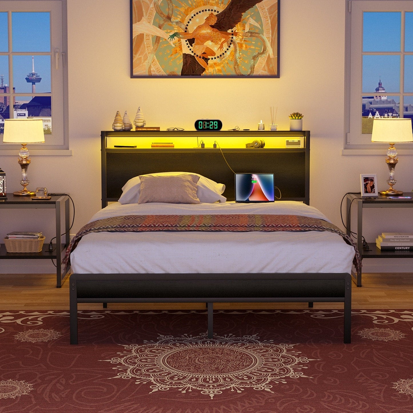 Cadre de lit à plateforme en bois de style farmhouse avec station de recharge et lumières LED