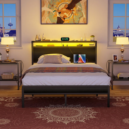 Cadre de lit à plateforme en bois de style farmhouse avec station de recharge et lumières LED