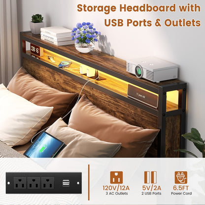 Cadre de lit à plateforme en bois de style farmhouse avec station de recharge et lumières LED