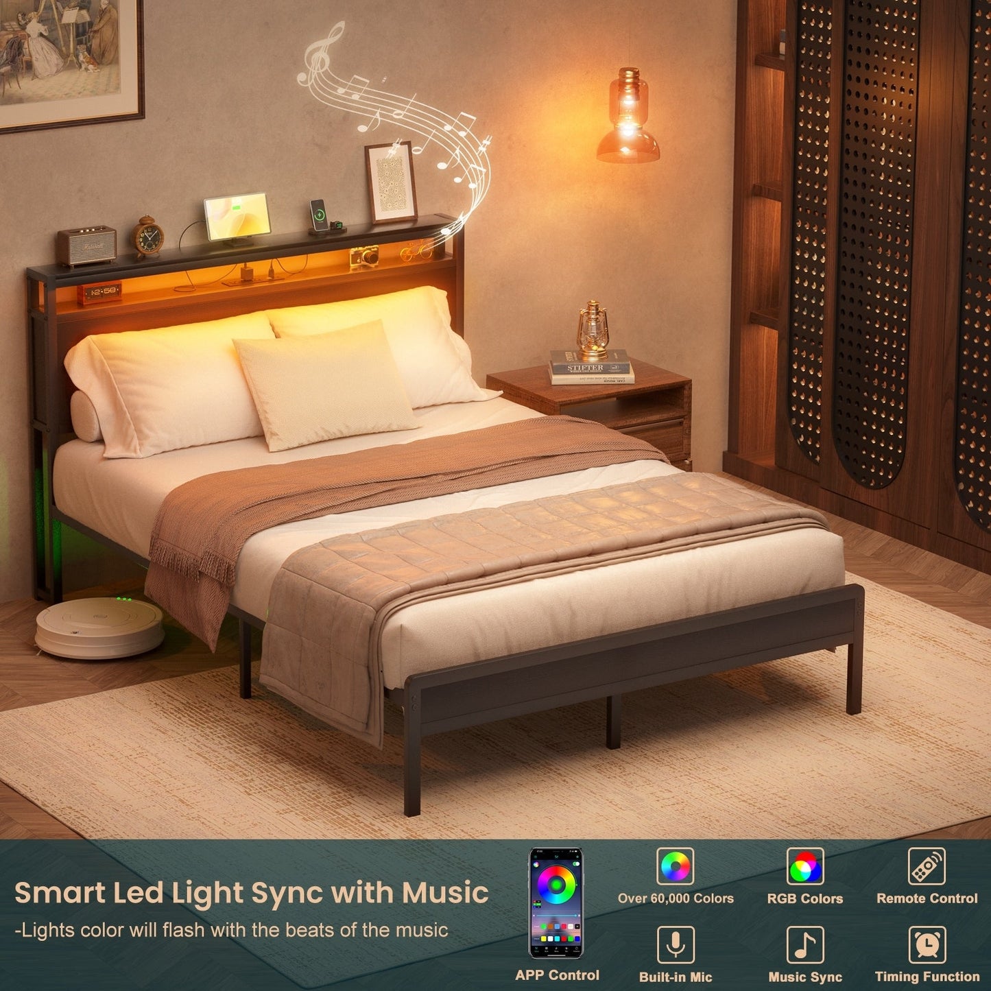 Cadre de lit à plateforme en bois de style farmhouse avec station de recharge et lumières LED