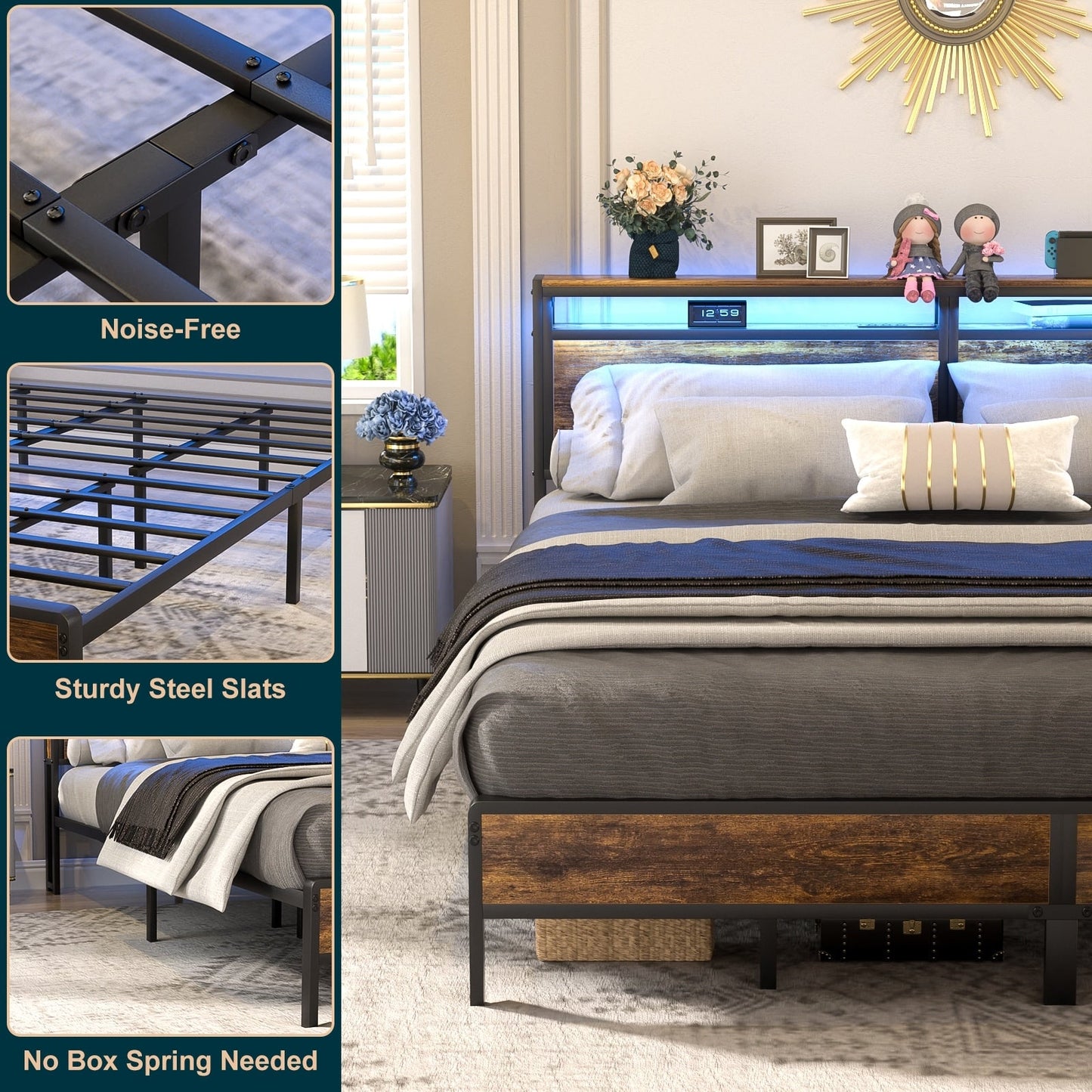 Cadre de lit à plateforme en bois de style farmhouse avec station de recharge et lumières LED