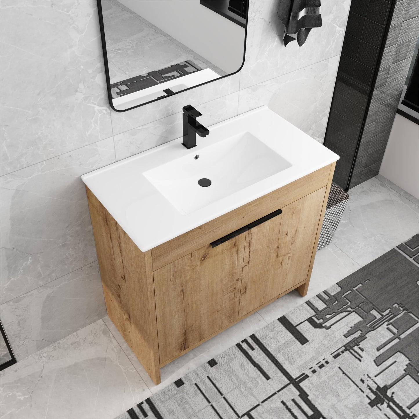 Meuble-lavabo de salle de bain Beingnext 24/30/36 avec lavabo, meuble-lavabo de salle de bain autoportant avec porte à fermeture amortie et étagère réglable