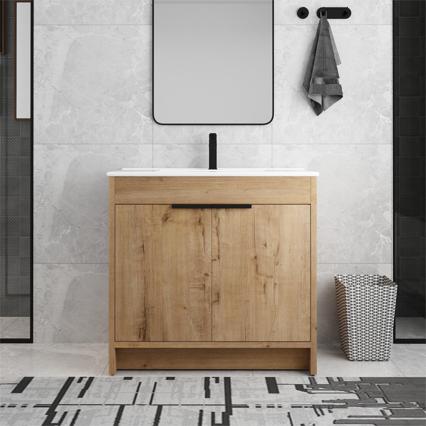 Meuble-lavabo de salle de bain Beingnext 24/30/36 avec lavabo, meuble-lavabo de salle de bain autoportant avec porte à fermeture amortie et étagère réglable