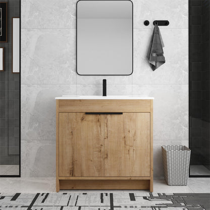 Meuble-lavabo de salle de bain Beingnext 24/30/36 avec lavabo, meuble-lavabo de salle de bain autoportant avec porte à fermeture amortie et étagère réglable