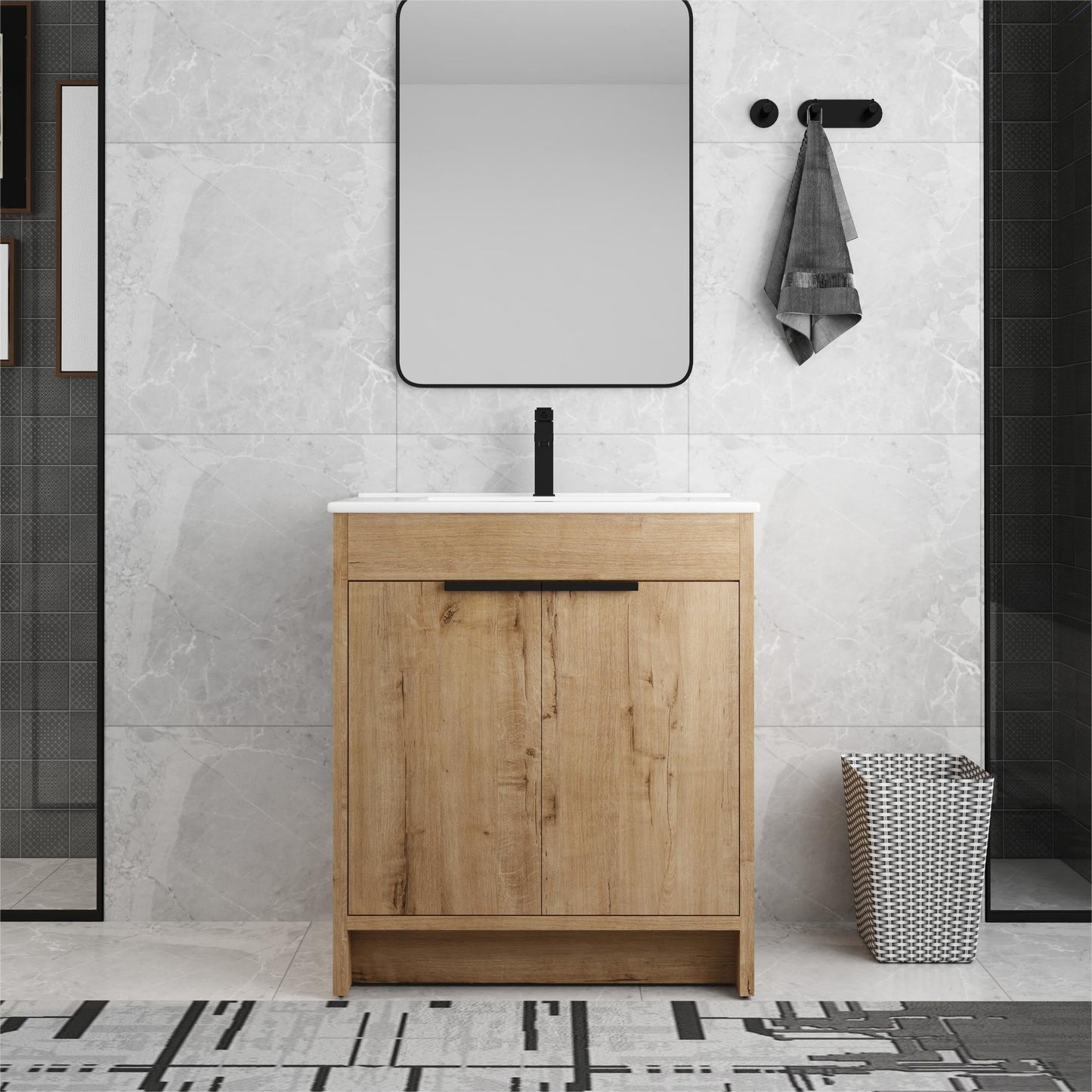 Meuble-lavabo de salle de bain Beingnext 24/30/36 avec lavabo, meuble-lavabo de salle de bain autoportant avec porte à fermeture amortie et étagère réglable