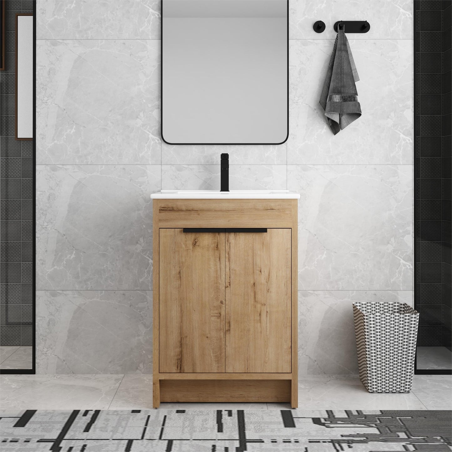 Meuble-lavabo de salle de bain Beingnext 24/30/36 avec lavabo, meuble-lavabo de salle de bain autoportant avec porte à fermeture amortie et étagère réglable