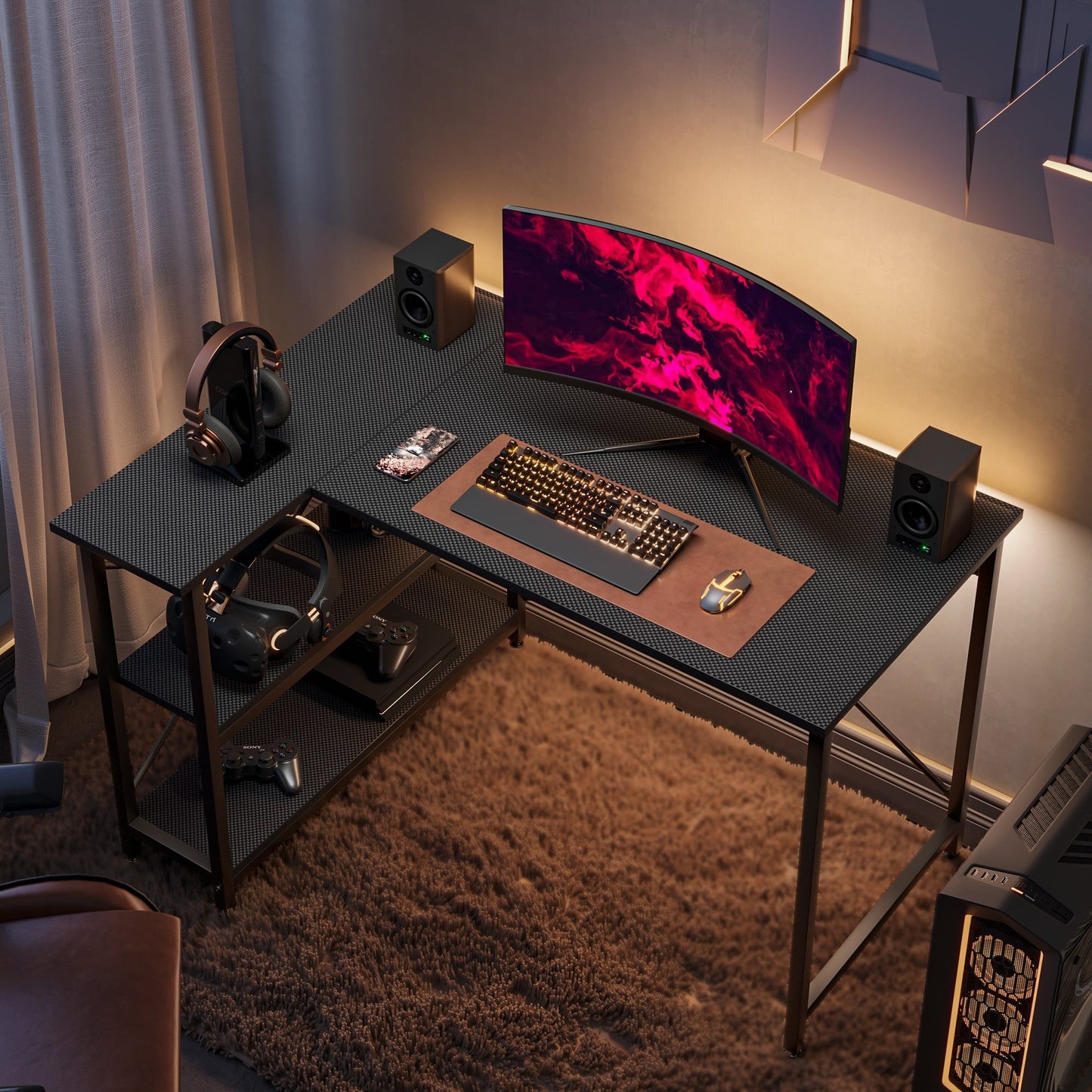 Bureau en forme de L avec étagères de rangement, bureau d'ordinateur d'angle.