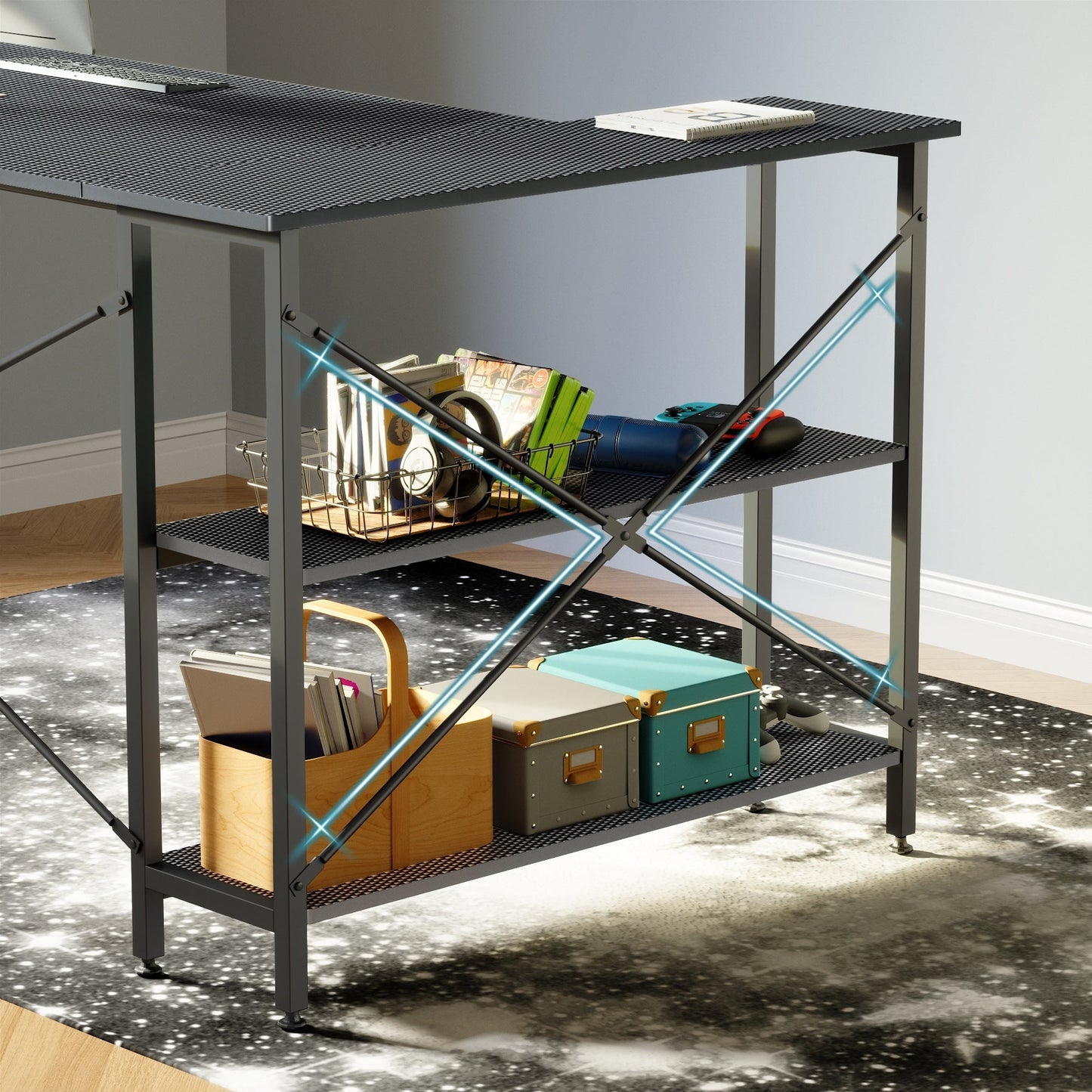 Bureau en forme de L avec étagères de rangement, bureau d'ordinateur d'angle.