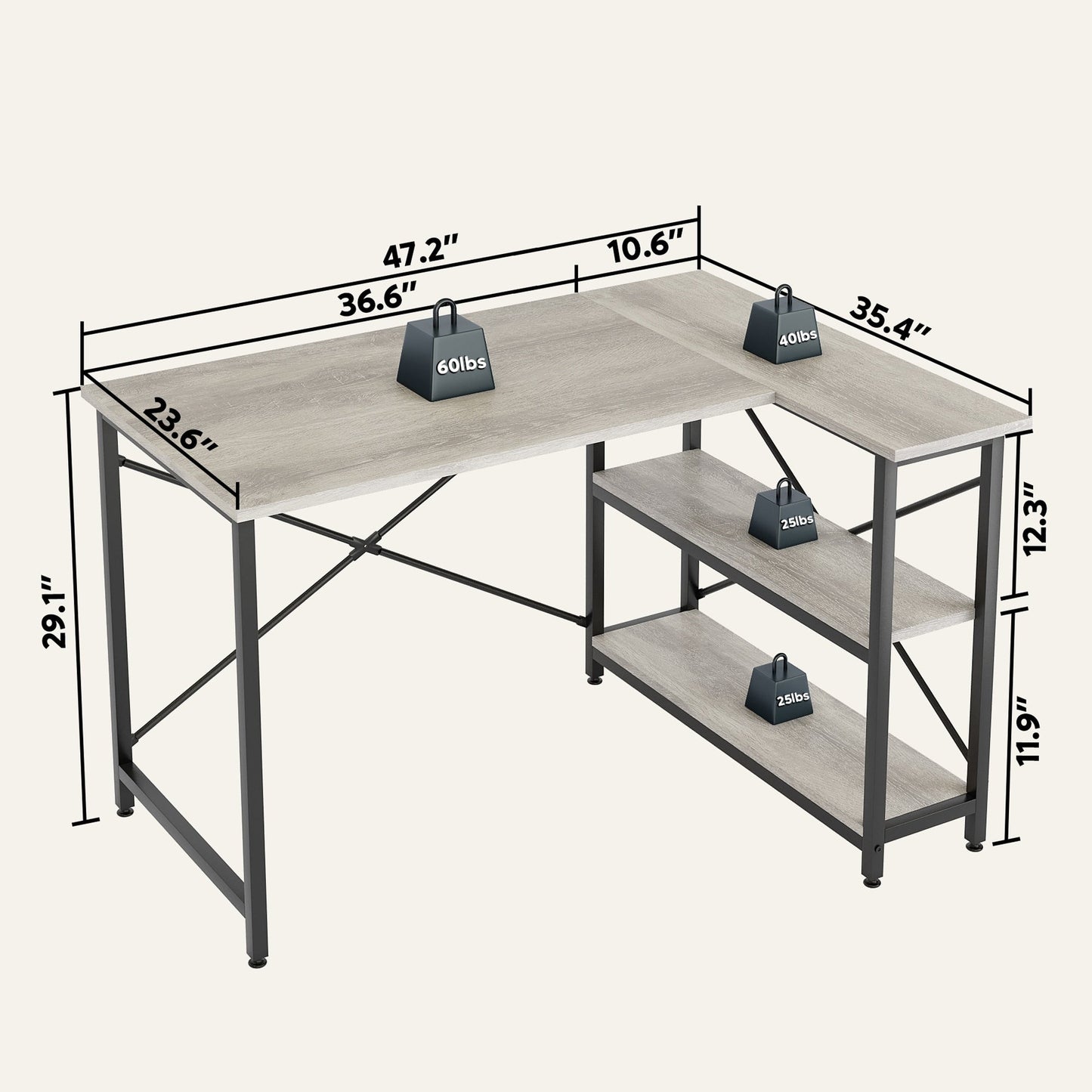 Bureau en forme de L avec étagères de rangement, bureau d'ordinateur d'angle.