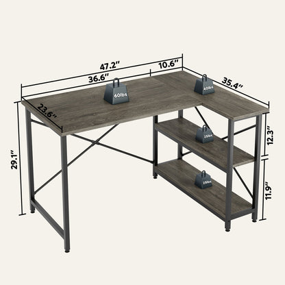 Bureau en forme de L avec étagères de rangement, bureau d'ordinateur d'angle.