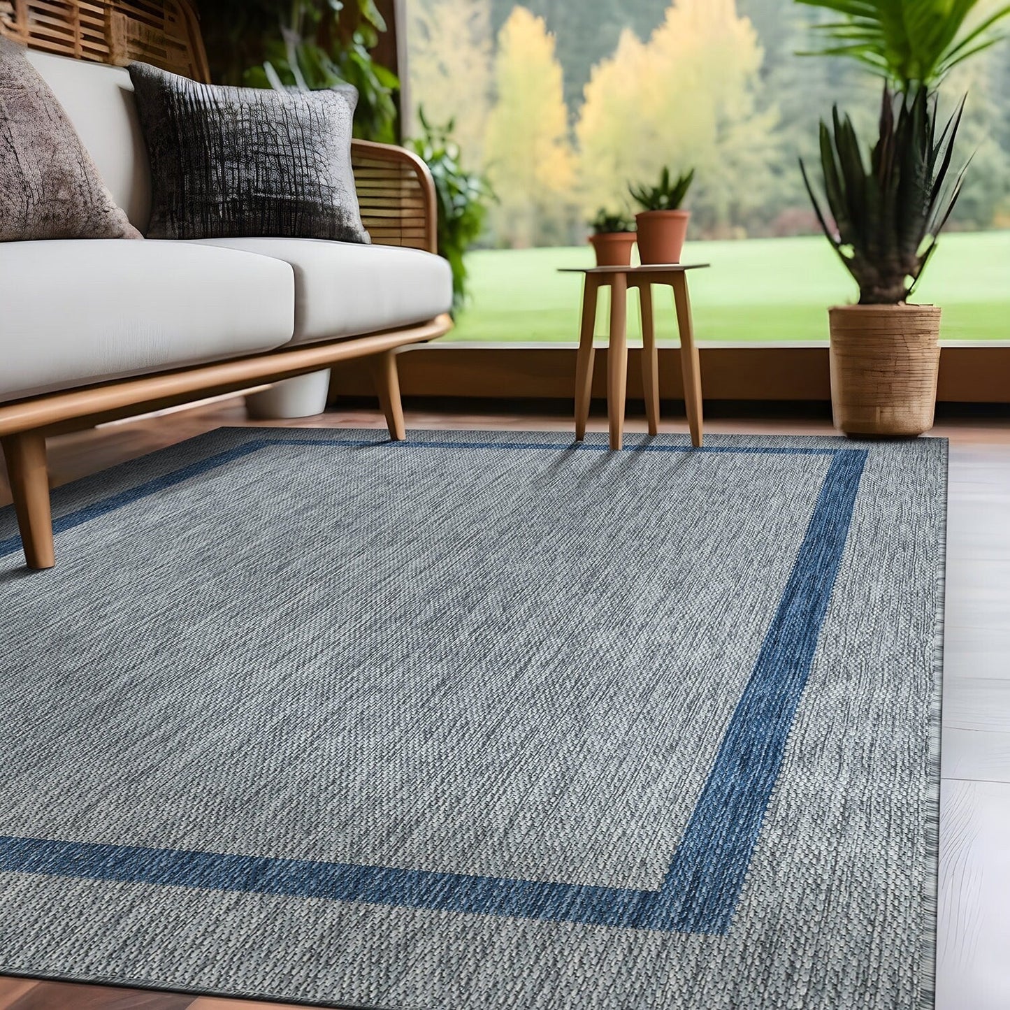 Beverly Rug Modern Bordered Indoor Outdoor Rug, Outside Carpet for Patio, Deck, Porch