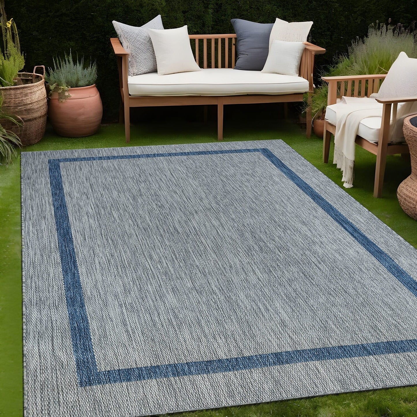 Beverly Rug Modern Bordered Indoor Outdoor Rug, Outside Carpet for Patio, Deck, Porch