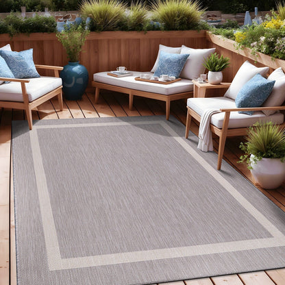 Beverly Rug Modern Bordered Indoor Outdoor Rug, Outside Carpet for Patio, Deck, Porch