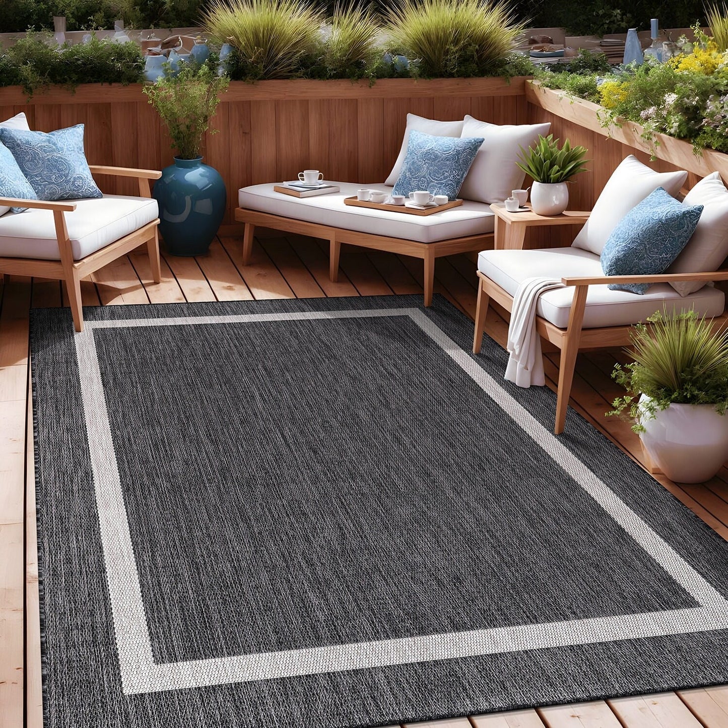 Beverly Rug Modern Bordered Indoor Outdoor Rug, Outside Carpet for Patio, Deck, Porch