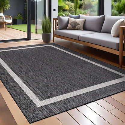 Beverly Rug Modern Bordered Indoor Outdoor Rug, Outside Carpet for Patio, Deck, Porch