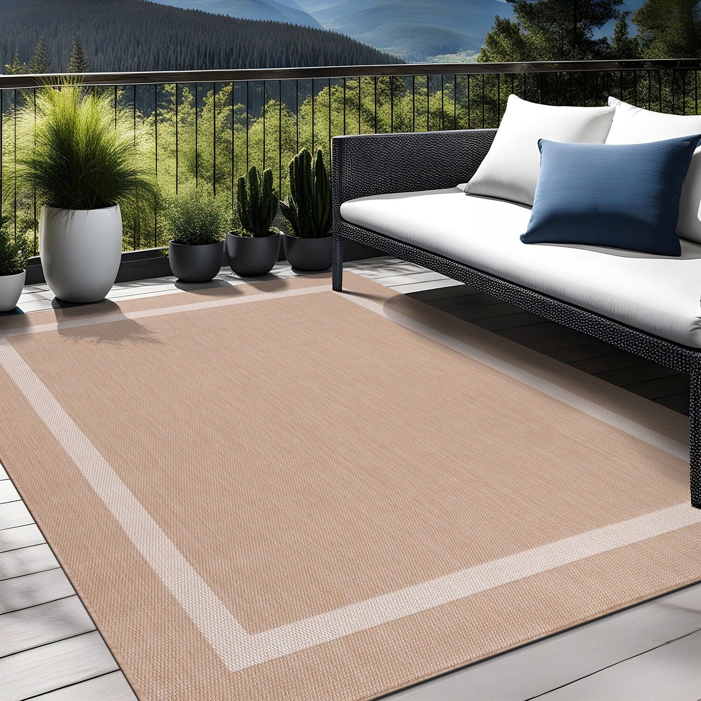 Beverly Rug Modern Bordered Indoor Outdoor Rug, Outside Carpet for Patio, Deck, Porch