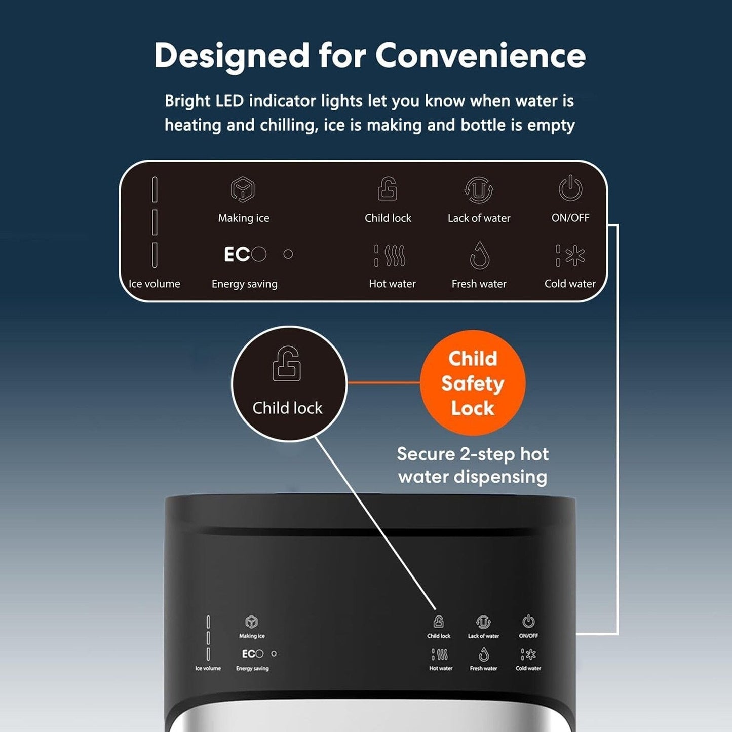 Distributeurs d'eau chauds et froids 3 en 1 noirs avec machine à glaçons