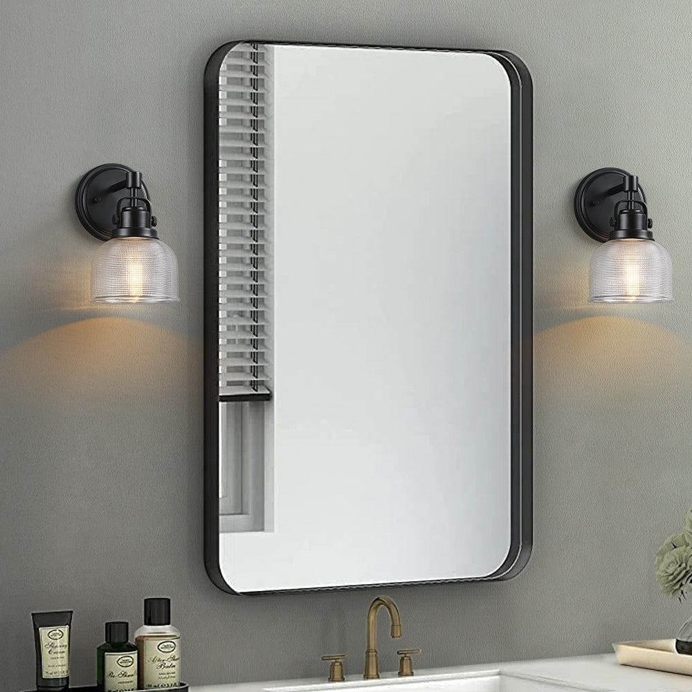 Black Bathroom Vanity Wall Light with Clear Prismatic Glass Shade