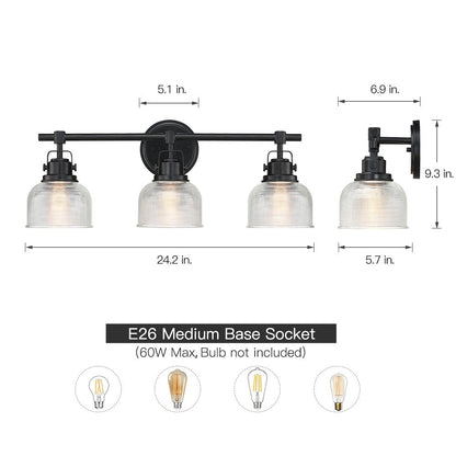 Black Bathroom Vanity Wall Light with Clear Prismatic Glass Shade