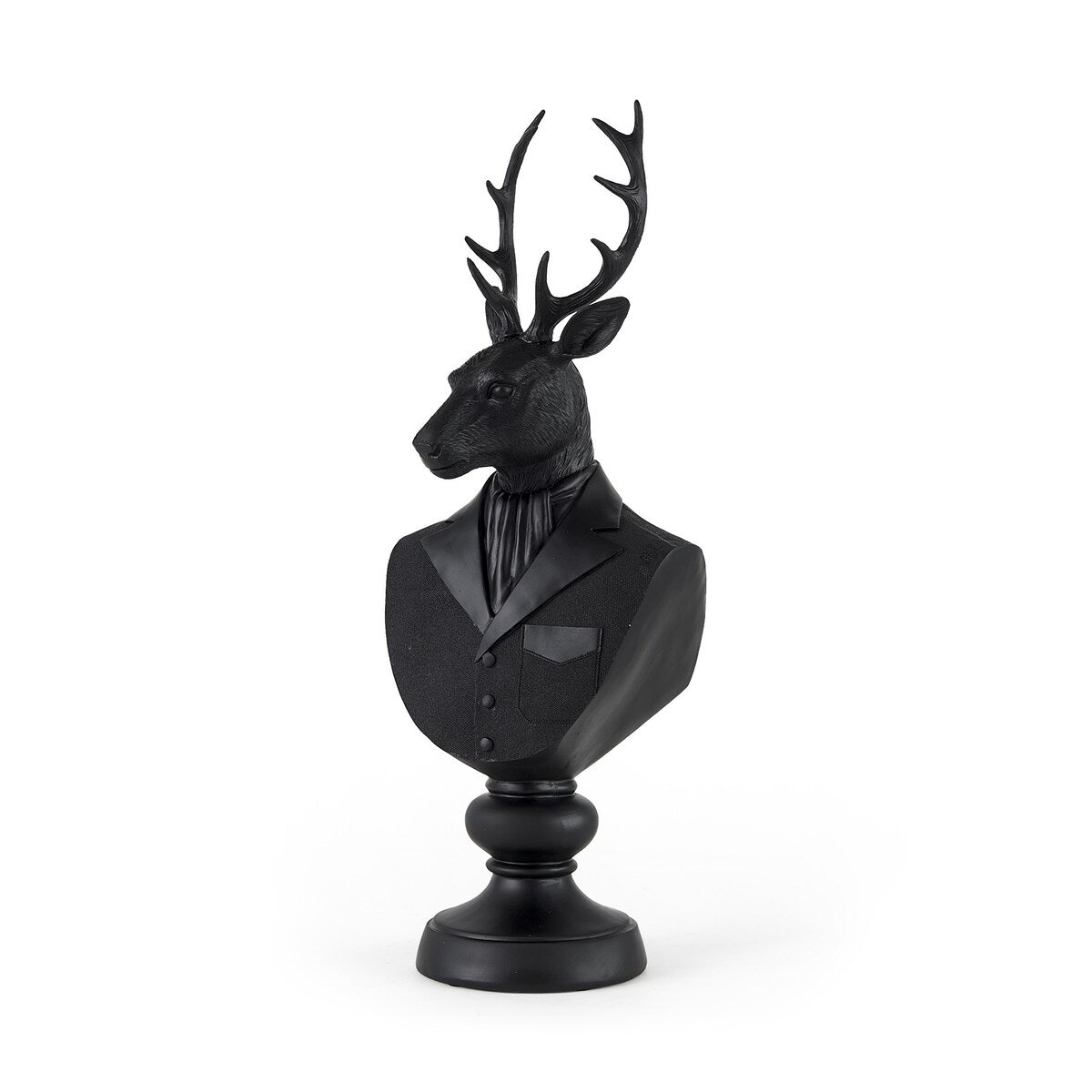 Buste de cerf en résine noire, vêtu d'un costume - 15,2 cm L x 20,3 cm P x 58,4 cm H