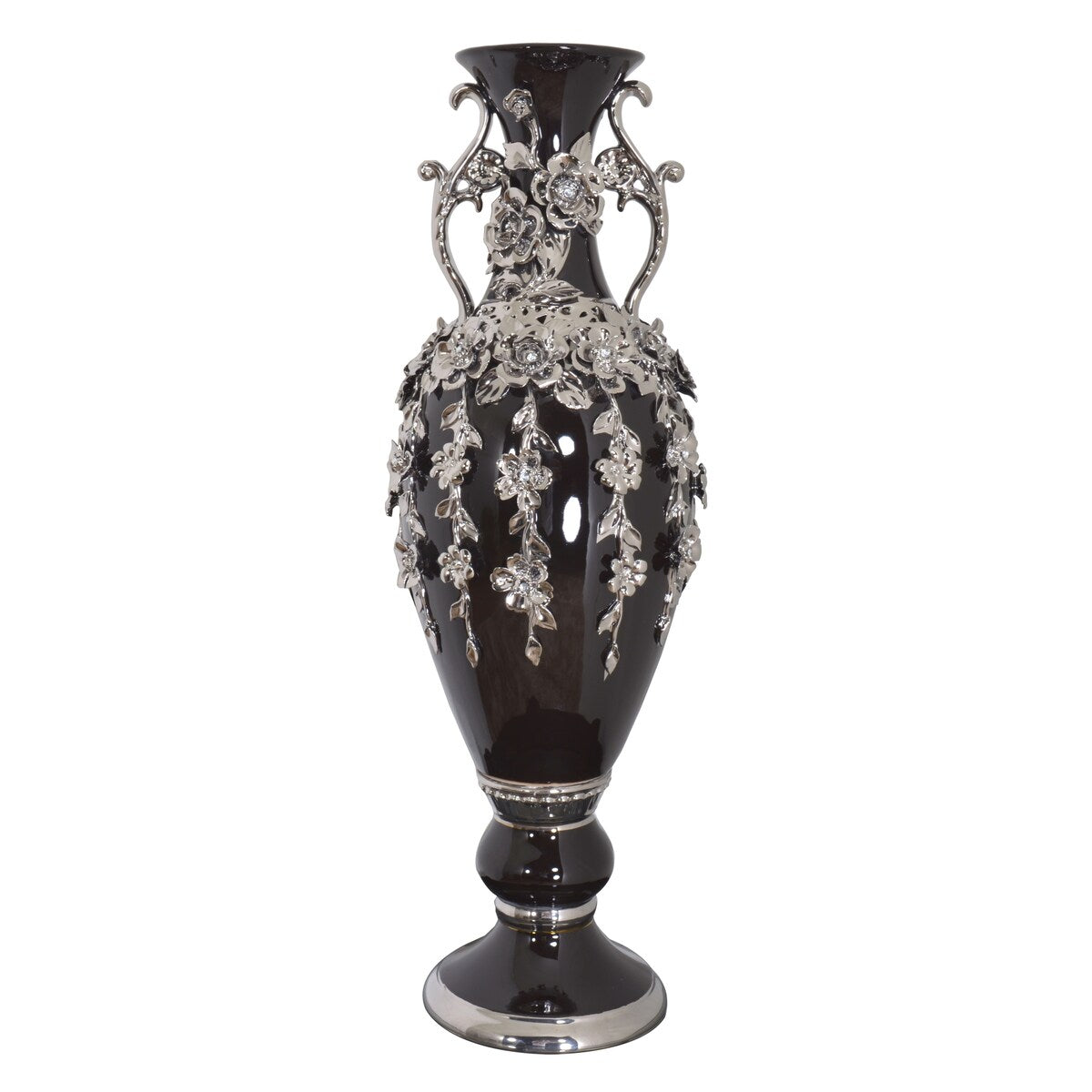 Vase magnifique de 89 cm de haut, orné de fleurs et de strass argentés et noirs.