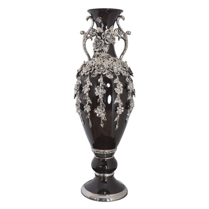 Vase magnifique de 89 cm de haut, orné de fleurs et de strass argentés et noirs.