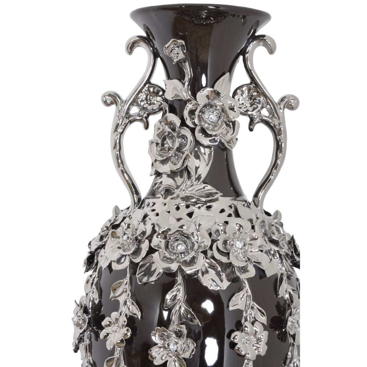 Vase magnifique de 89 cm de haut, orné de fleurs et de strass argentés et noirs.