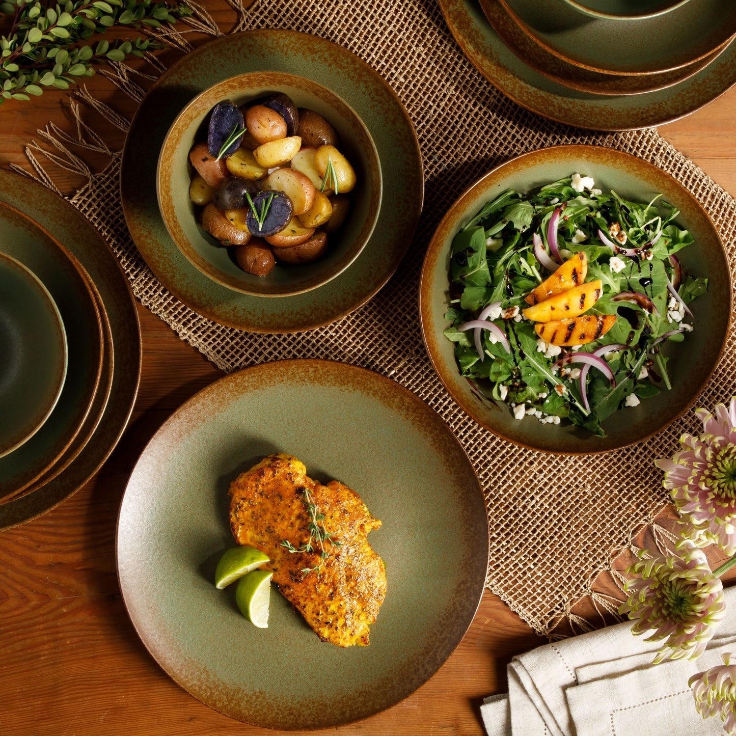 Service de table Bloomhouse Palermo Sun, 16 pièces, assiettes et bols en grès double, émail réactif.