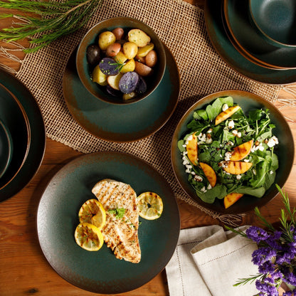 Service de table Bloomhouse Palermo Sun, 16 pièces, assiettes et bols en grès double, émail réactif.