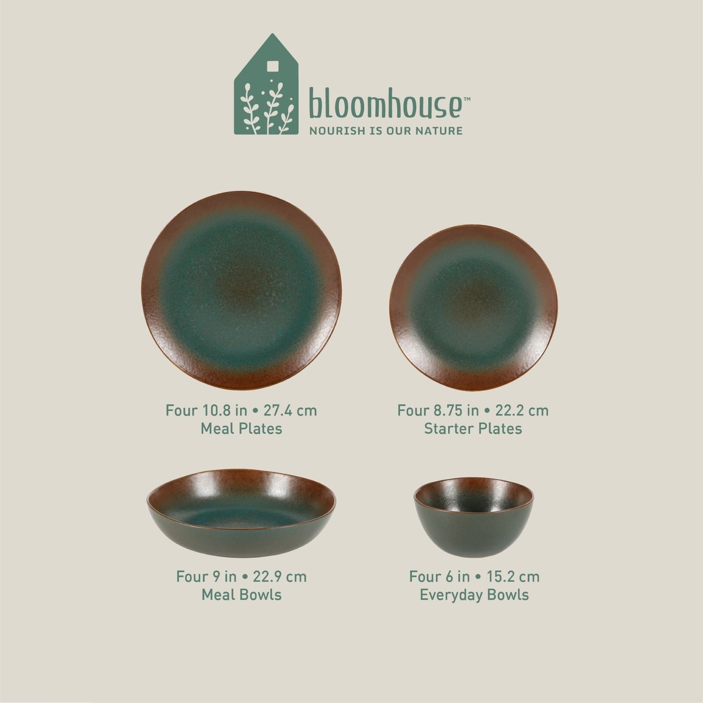 Service de table Bloomhouse Palermo Sun, 16 pièces, assiettes et bols en grès double, émail réactif.