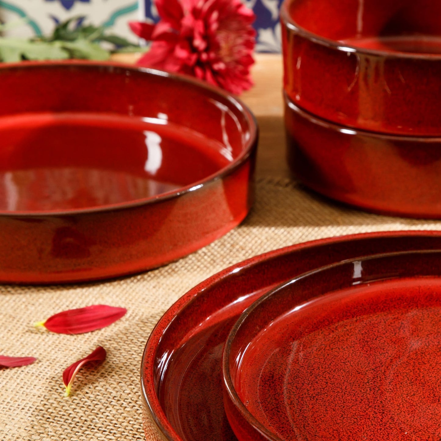 Bloomhouse Santorini Mist 16 Piece Double Bowl Terracotta Reactive Glaze Plates and Bowls Dinnerware Set