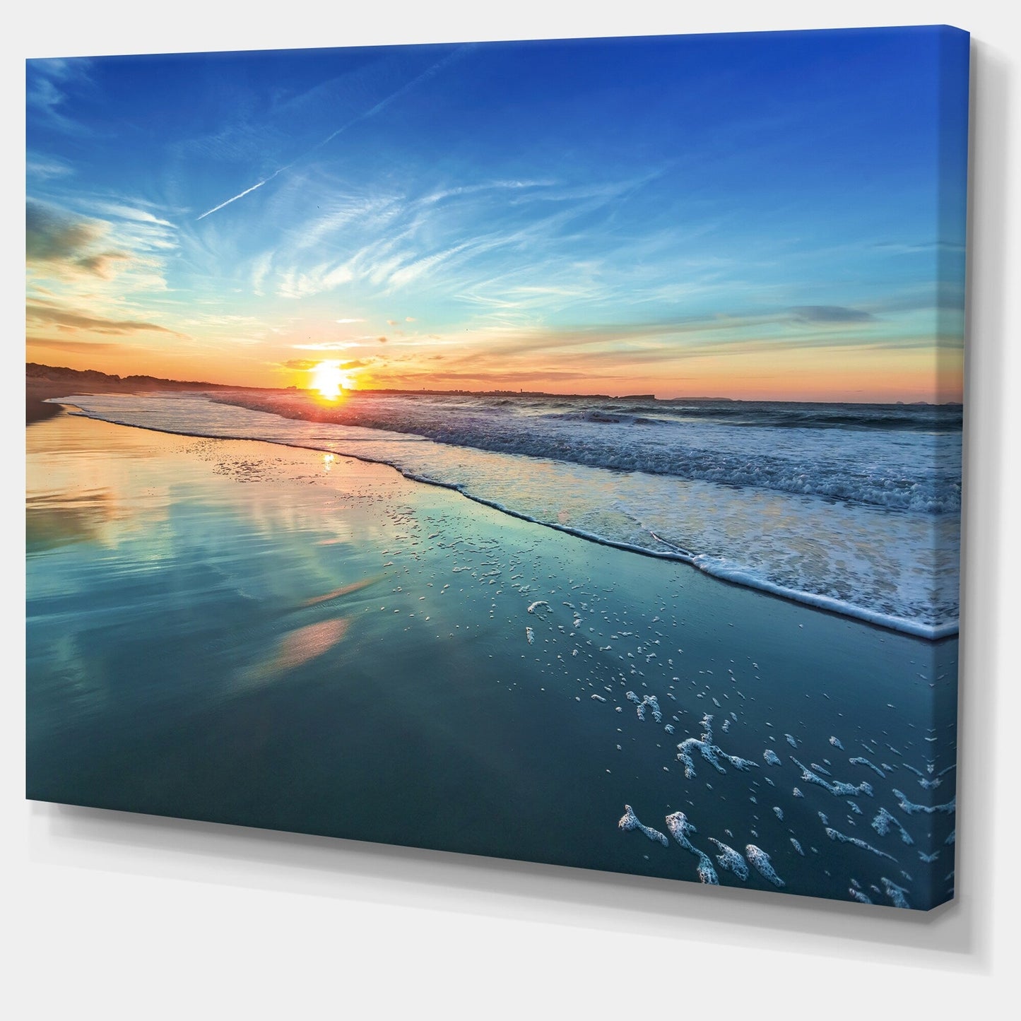 Côté de mer bleu avec coucher de soleil lointain - Tableau mural sur toile représentant un bord de mer