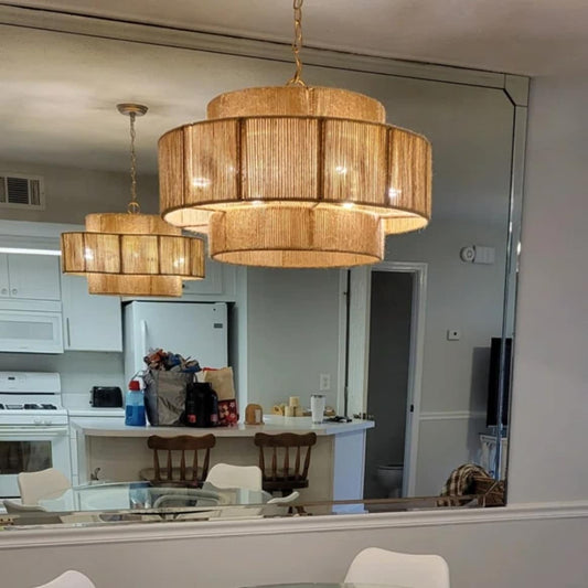 Suspension à plusieurs niveaux en forme de tambour, en corde de chanvre brun bohémien - 23,62 L x 15,16 H (en pouces)