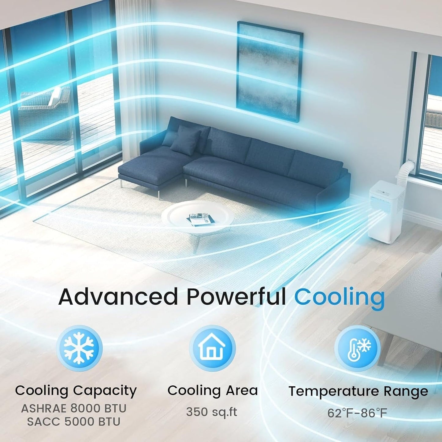 Bossin 8000 BTU (ASHRAE), 5000 BTU (SACC) Climatiseur portable 3-en-1 avec télécommande, climatiseur silencieux pour chambre - 880v