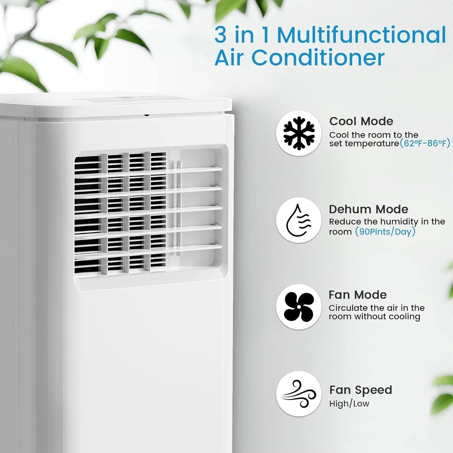 Bossin 8000 BTU (ASHRAE), 5000 BTU (SACC) Climatiseur portable 3-en-1 avec télécommande, climatiseur silencieux pour chambre - 880v