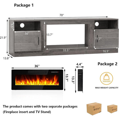 Meuble TV avec foyer électrique Bossin 70, foyer électrique de 36 pouces, meuble TV pour téléviseurs jusqu'à 80 pouces, éclairage LED à 16 couleurs/centre de divertissement