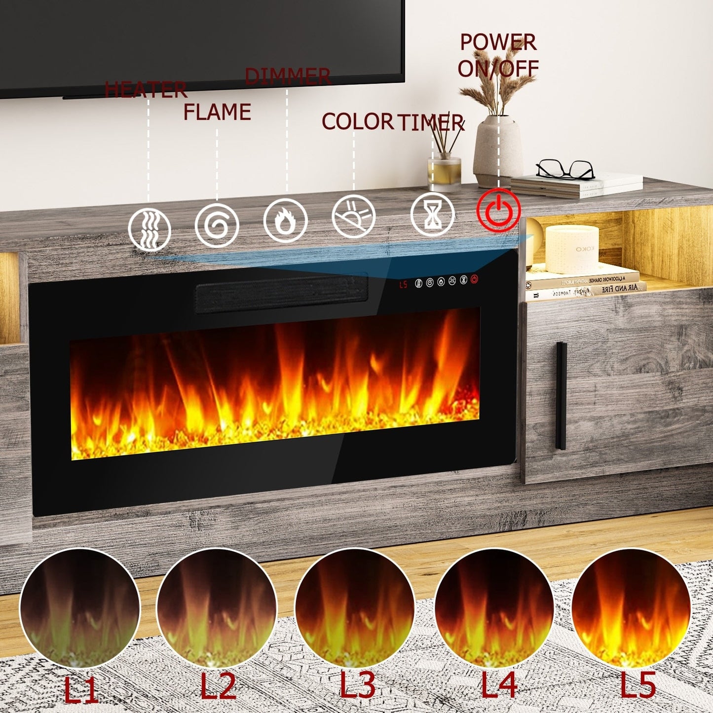 Meuble TV avec foyer électrique Bossin 70, foyer électrique de 36 pouces, meuble TV pour téléviseurs jusqu'à 80 pouces, éclairage LED à 16 couleurs/centre de divertissement