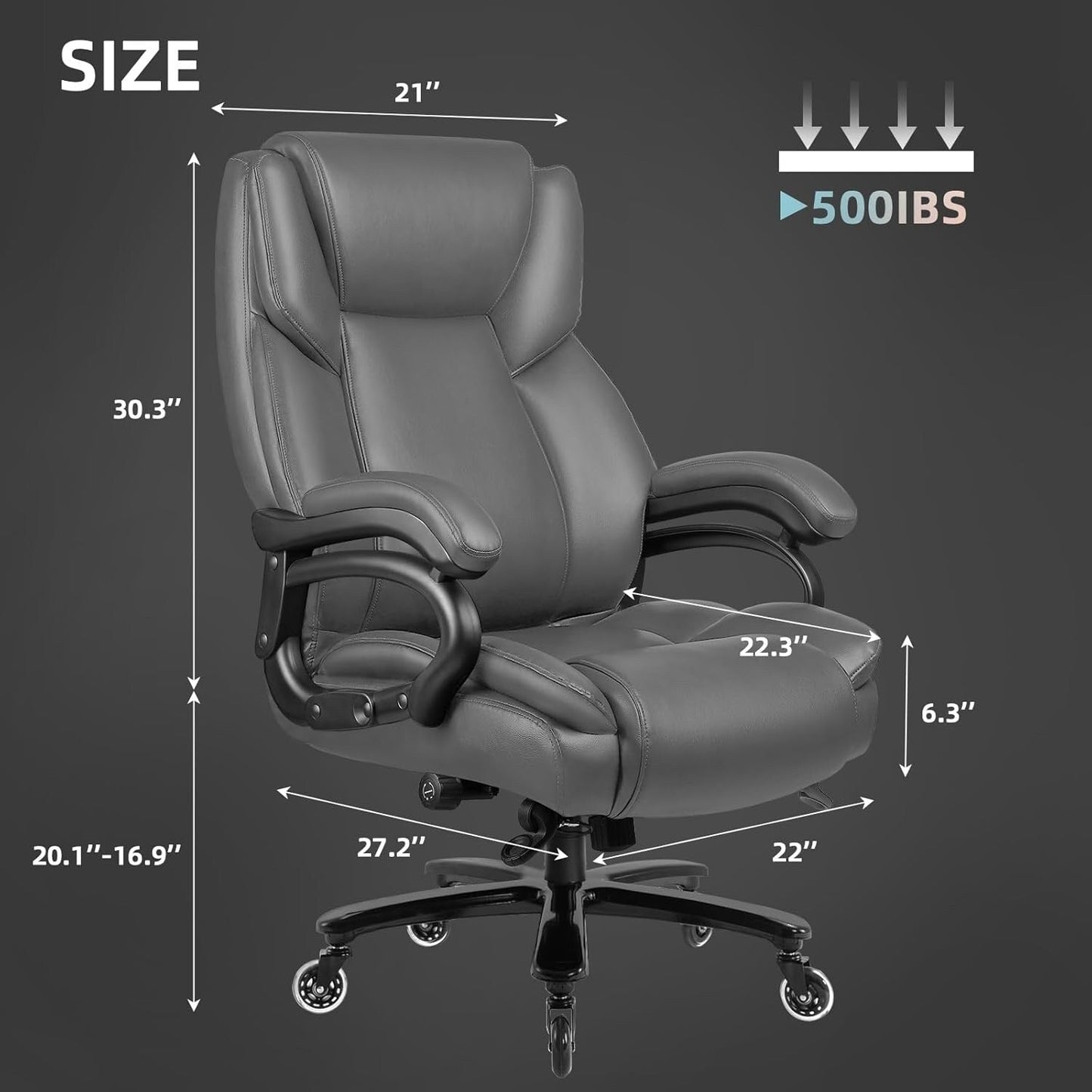Chaise de bureau executive Bossin pour personnes de grande taille et fortes, 227 kg, avec support lombaire réglable, chaise ergonomique à dossier haut en cuir PU pour ordinateur.