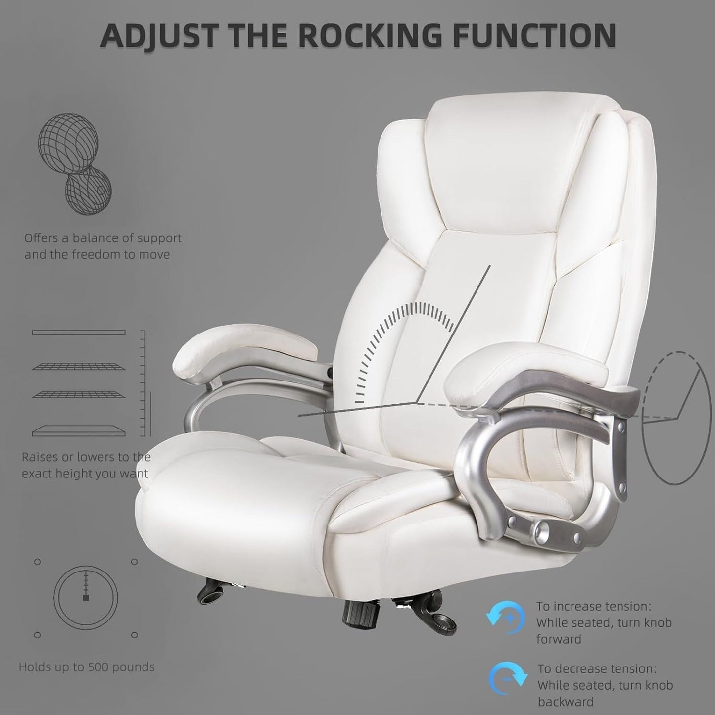 Chaise de bureau executive Bossin pour personnes de grande taille et fortes, 227 kg, avec support lombaire réglable, chaise ergonomique à dossier haut en cuir PU pour ordinateur.