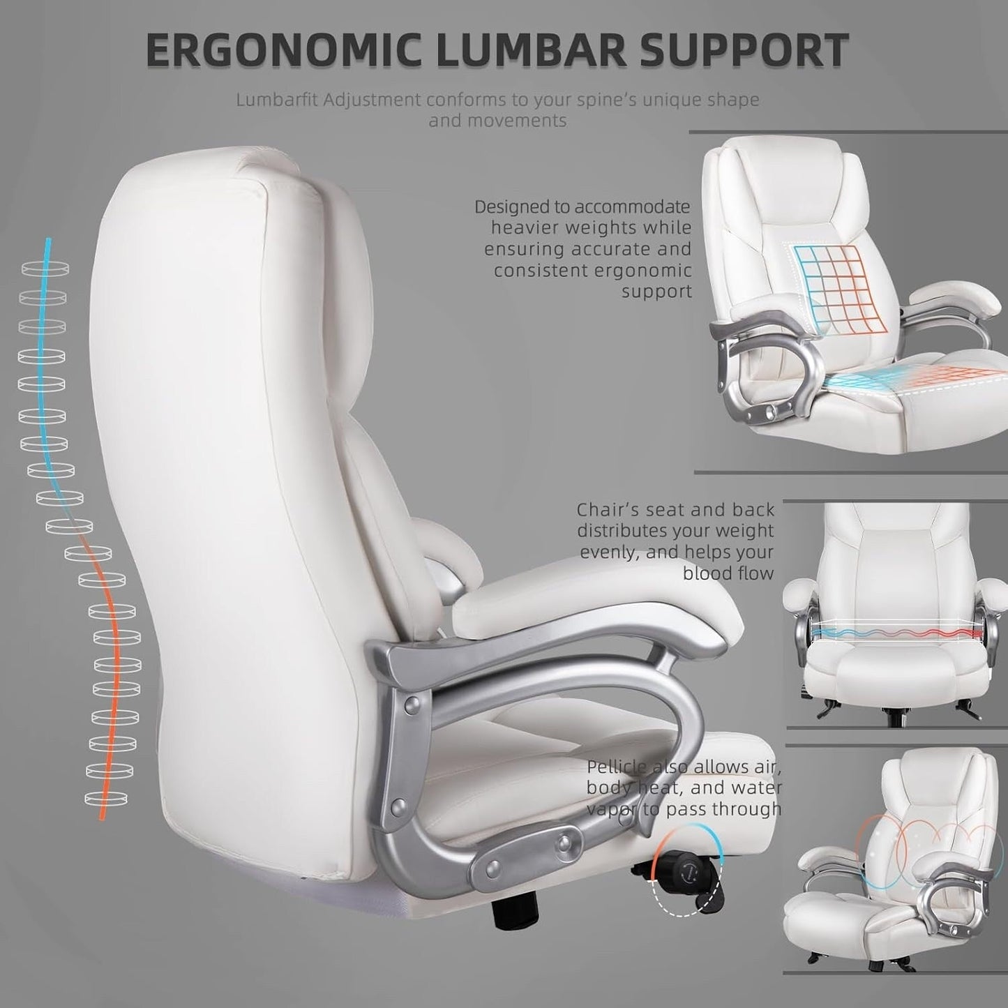Chaise de bureau executive Bossin pour personnes de grande taille et fortes, 227 kg, avec support lombaire réglable, chaise ergonomique à dossier haut en cuir PU pour ordinateur.