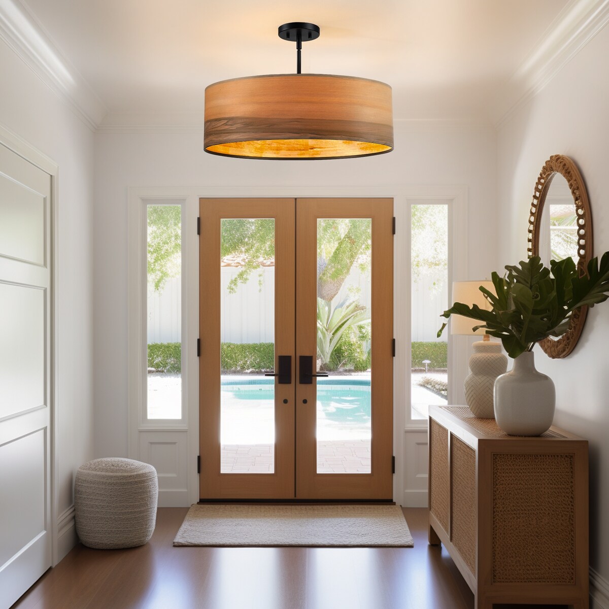 Breaux Lustre à tambour en placage de bois avec 4 lumières et auvent noir - 56 cm (22 po) de largeur