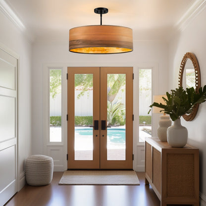 Breaux Lustre à tambour en placage de bois avec 4 lumières et auvent noir - 56 cm (22 po) de largeur