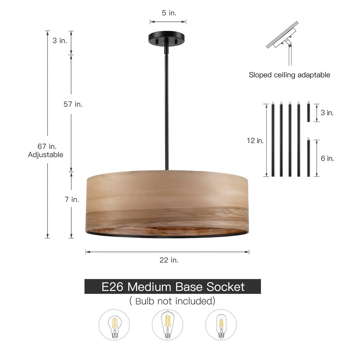 Breaux Lustre à tambour en placage de bois avec 4 lumières et auvent noir - 56 cm (22 po) de largeur